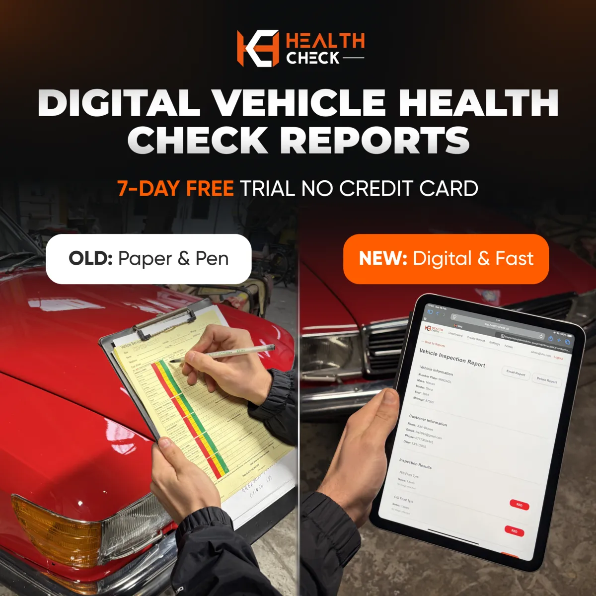 Vehicle HealthCheck app on tablet in a professional workshop