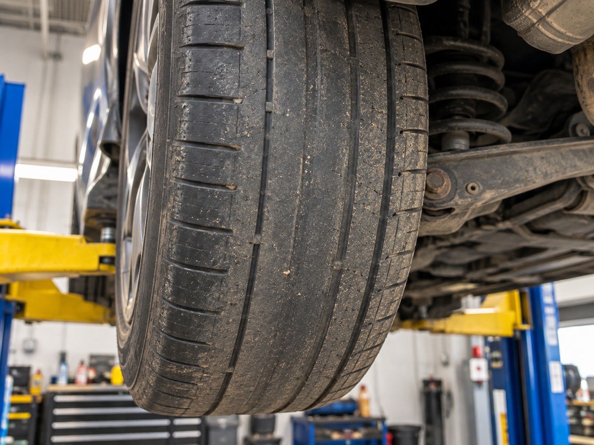Close-up of rear tyre tread wear — staged demo photo