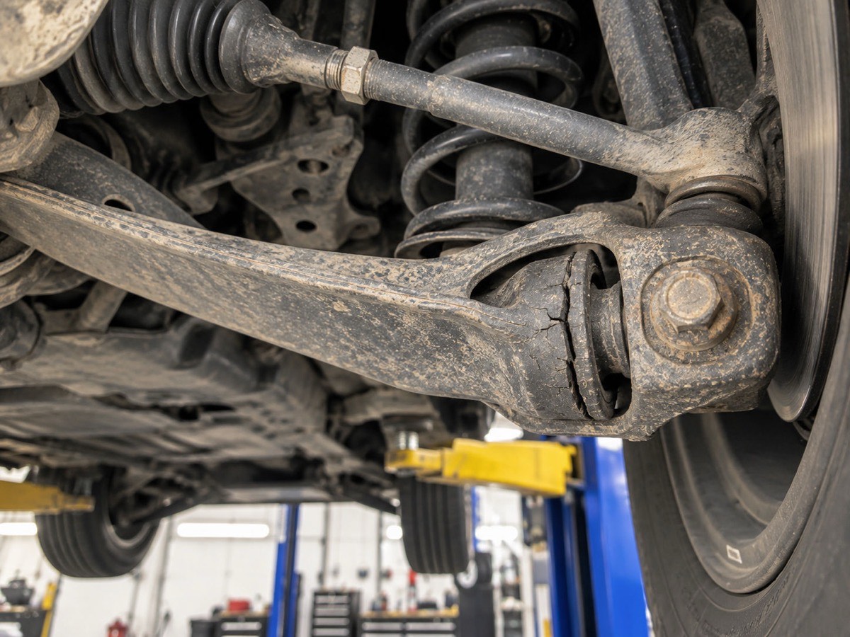 Cracked control arm bushing on vehicle suspension — staged demo photo