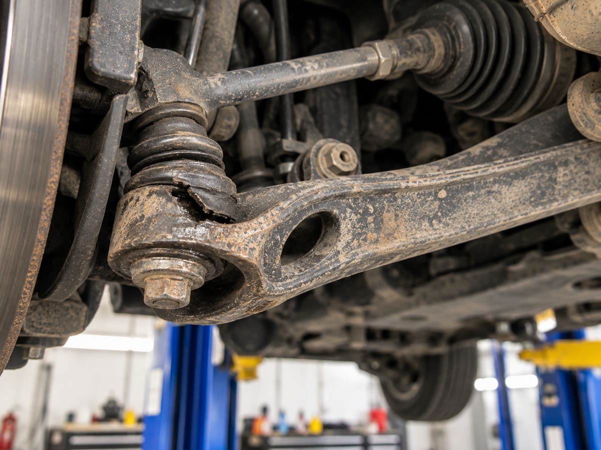 Torn ball joint dust boot with grease loss — staged demo photo